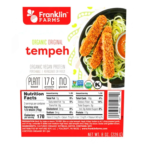 Franklin Farms Organic Original Tempeh, 8 Ounce -- 12 per case.