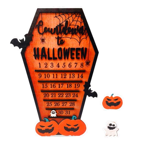 NQEUEPN Halloween Advent Countdown Calendar 2024, Funny Halloween Coffin Calendar with Movable Block Bats Pumpkins Ghosts Wooden Halloween Calendar for Halloween Decor