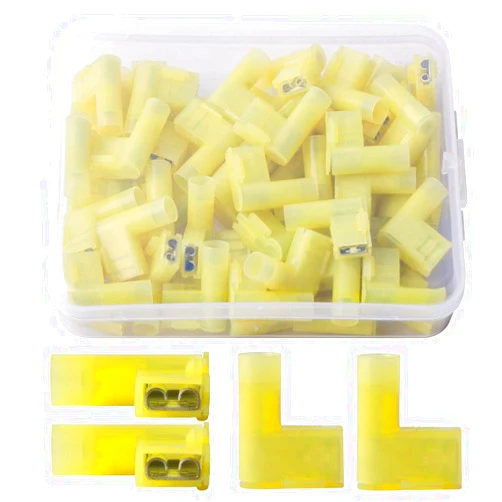 PONFY 50PCS Yellow Nylon Insulated Flag Spade Quick Disconnects 12-10 Gauge Female Wire Connector 90 Degree Electrical Crimp Terminals Connectors Set