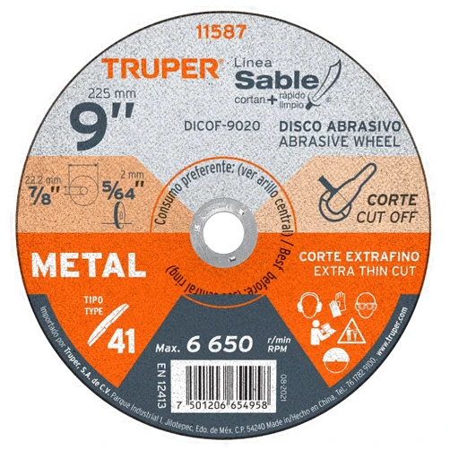 TRUPER DICOF-9020 Type 1 Metal Cutting Wheels, Extra Clean Cut High Perfomance, Diameter 9
