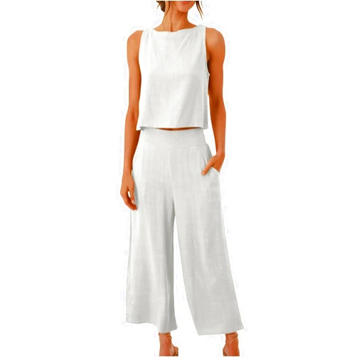 SMIDOW Women's Cotton Linen 2 Piece Outfits Sleeveless Crop Top Capri Wide Leg Pants Casual Lounge Beach Summer Travel Sets