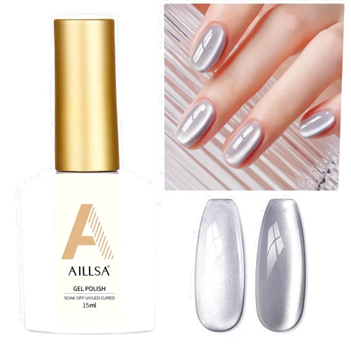 AILLSA Silver Cat Eye Gel Nail Polish Gray Glitter Crystal Gel Polish with Magnet, Shimmer Clear Sparkle Gel Nail Polish Reflective Translucent Jelly Color U V Gel Salon DIY at Home 0.5 OZ GF18