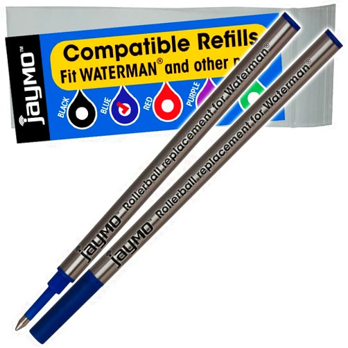 Jaymo Replacement for Waterman 540961 and Schmidt 5888 - Measures 4.3 in / 109 mm Long - Rollerball Pen Refill - 2 Blue