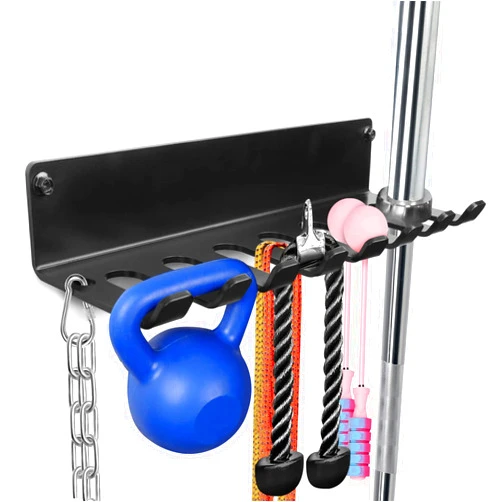BRTGYM Gym Rack Organizer, Home Gym Accessories Hanger, Wall Mount Hooks for Olympic Barbells, Row Handles, Bats or Tools (E-Book Instruction Included)