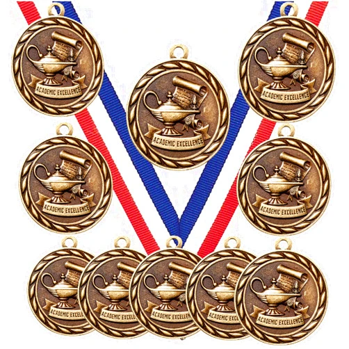 Express Medals Various 10 Pack Styles of Scholastic Award Medals with Neck Ribbons Trophy Award Prize Gift