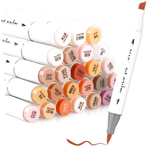 SFAIH Skin Tone Alcohol Marker Set - 25 Dual-Tipped Brushes for Art, Drawing, and Coloring - Fast-Drying, Blendable Ink Marks on Paper, Plastic, Metal, and Other Surfaces