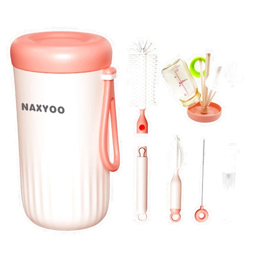 NAXYOO Travel Baby Bottle Brush Set with Build-in Drying Rack - Portable Silicone Bottle Cleaner Kit for Bottle, Nipple, Straw Cleaning, Baby Essential for Home, Travel Use - Pink