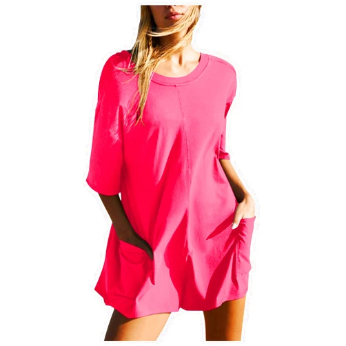 Generic Women Fashion Solid Printed Casual Short Sleeve Round Neck Pocket Shorts Romper Women Clothes Jumpsuits