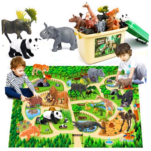 FRUSE Safari Animals Figures Toys w/ 57”x38.5”Jumbo Play Mat,12PCS Realistic Jungle Wild Zoo Animals Figurines Playset with Panda,Lion,Elephant,Educational Learning Toys for Toddlers Kids