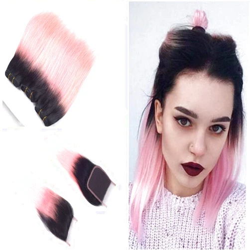 Cloud Hair Ombre Color 1B Pink Human Hair 3Bundles With Closure 4x4 Silky Straight Peach Pink Hair Weaves 3Pcs And Free Part Closure (12 12 12+10 inch closure)