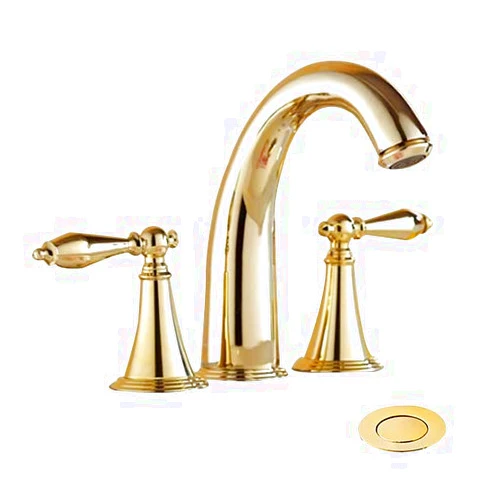 Yannlii Shiny Polished Gold Widespread Waterfall Bathroom Sink Faucet,Two Handle Three Hole Lavatory Faucet,8-16 Inch Basin Mixer Tap With Pop Up Drain,French Gold