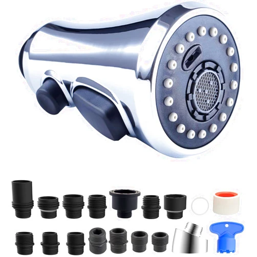 Hibbent Pull Down Spray Head for Kitchen Faucet, 3-Function Kitchen Sink Spray Nozzle with 15 Adapters, Faucet Head Replacement Compatible with Moen, American Standard, Delta, Kohler Faucets, Chrome