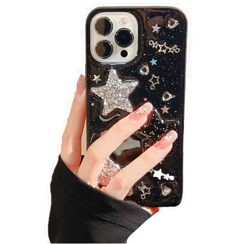 LOLAGIGI for iPhone X/Xs Case Bling Stars 3D Hearts Diamond Twinkle Star Glitter Y2K Spark Luxury Girly Aesthetic Personalized Design for Women Girls Teens Soft Transparent TPU Case, 5.8