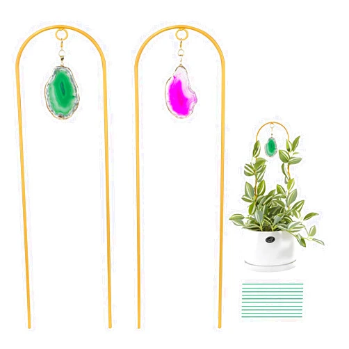 Ceiner 2PCS Small Gold Trellis for Climbing Plants Indoor, Mini Metal Houseplant Climber Support for Potted Plants, Boho Decorative Pot Lattice with Agate for Hoya, Pothos, Ivy, Philodendron