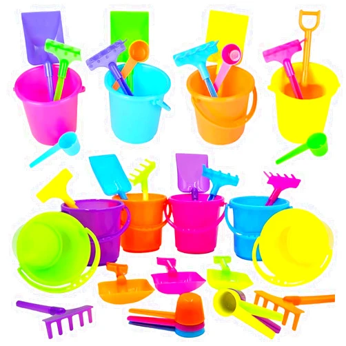 The Dreidel Company Mini Beach Playsets, Play Set Includes 1 Sand Bucket, 1 Shovel, 1 Rake, and 1 Scoop, Birthday Treats for Boys and Girls, Party Favors for Kids and Toddlers (6-Pack)