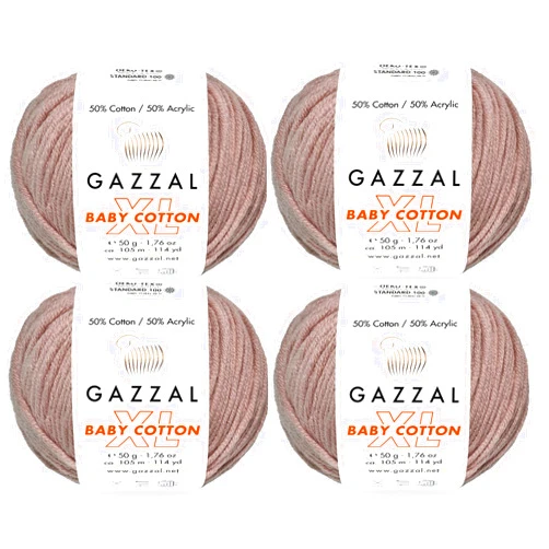 GAZZAL 4 Pack (Skein) Gazzal Baby Cotton XL, 50percent Soft Cotton 50percent Premium Acrylic, Each 1.76 Oz (50g) 114 Yrds (105m),DK- Worsted GazzalBCXL 0