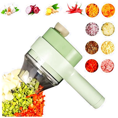 Waenhasd 4 in 1 Handheld Electric Vegetable Cutter Set, Wireless Chopper, Garlic Mud Masher, Portable Fruit and for Garlic, Pepper, Chili, Onion, Potato, Meat (Green), 20.5X9.5X8CM/578, 21213