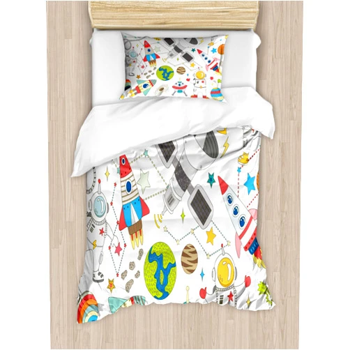 Ambesonne Science Party Duvet Cover Set, Illustration of Astronauts and Spaceships Visiting Unknown Far Planets, Decorative 2 Piece Bedding Set with 1 Pillow Sham, Twin Size, White Multicolor
