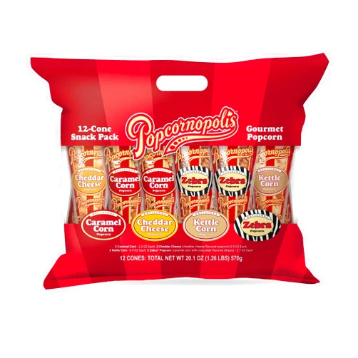 Popcornopolis Gourmet Popcorn Snacks, 12 Cone Variety Snack Packs (Gift Cone), Zebra Popcorn, Cheddar Cheese Popcorn, Caramel Popcorn & Kettle Corn Popcorn