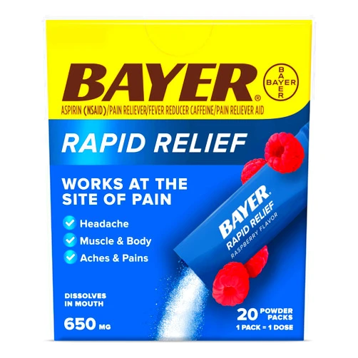 Bayer New Rapid Dissolvable Raspberry Flavor Powder Packs with Aspirin & Caffeine for Fast Acting Headache, Muscle and Body Pain Relief