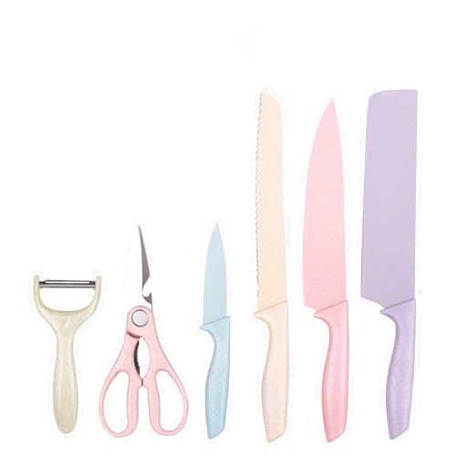ZHUZE Colorful Kitchen Knives Set of 6 PCS Cute Fruit Knife Set, High Carbon Steel Kitchen Knife Set, Environmental Wheat Straw Material Handle Professional Chef Knife (1Set)