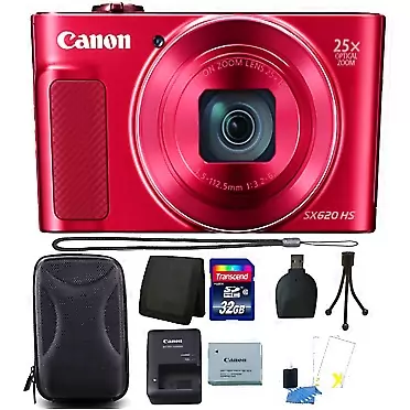 Canon PowerShot SX620 HS 20.2MP Digital Camera Red + 32GB Memory Card + Wallet + Reader + Hard Shell Case + 3pc Cleaning Kit + Small Tripod