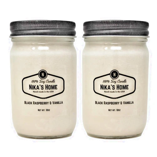 Nika's Home Black Raspberry Vanilla 12oz Mason Jar Soy Candles - 2 Pack - Hand Poured Handmade, Long Burning 50-60 Hours Highly Scented All Natural, Clean Burning Large Candle Gift Home Décor