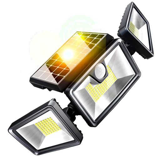 DooLv Security Solar Lights Outdoor, 214 LEDs 1500LM Spot Flood Light-Wide Adjustable 360° 3 Heads with 3 Modes, Wireless Motion Sensor 35ft- IP65 Waterproof Bright Wall Lamp Solar Powered 2200mah