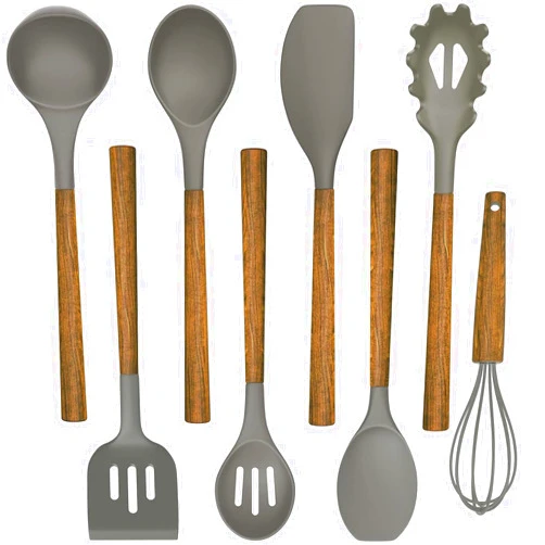 Umite Chef Silicone Cooking Utensil Set, 8-Piece Kitchen Utensils Set with Natural Acacia Wooden Handles,Food-Grade Silicone Heads-Silicone Kitchen Gadgets and Spatula Set for Nonstick Cookware - Grey
