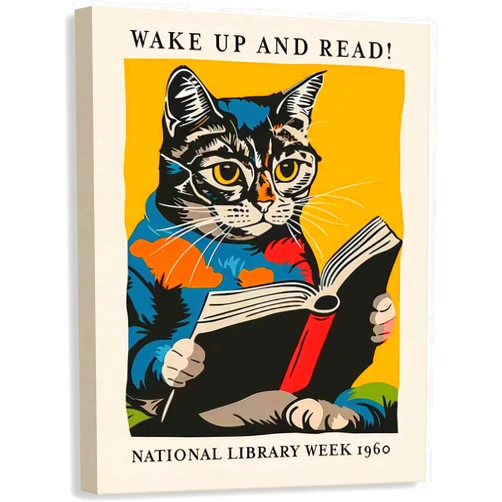 WYNTRPO Vintage Reading Cat Canvas Wall Art 1960 National Library Week Poster Print Wake Up Reading Picture Funny Animal Wall Decor for Study Bedroom Bathroom 12x16in Framed