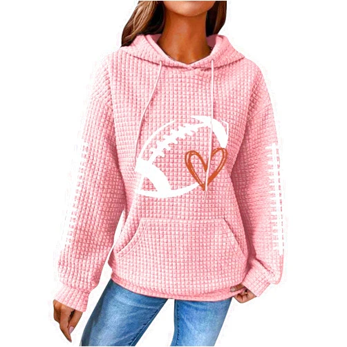 Generic Hooded Sweatshirt for Women Funny Football Graphic Hoodies Game Day Weekend Tops Waffle Pullover Tops with Pocket