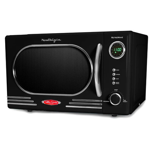 Nostalgia Retro Countertop Microwave Oven - 1.1 Cu Ft & 1000 Watt Power- Easy to Clean with Removable Glass Turntable - Child Safety Lock - 12 Programs - Digital Clock - Black