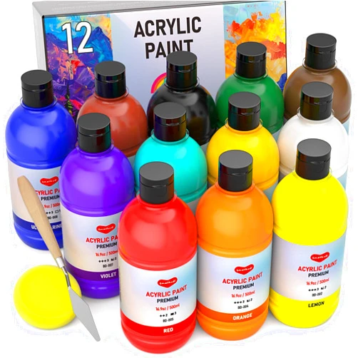 Smallbudi 12 Colors Large Acrylic Paint Set (16.9 oz,500 ml), Bulk Acrylic Paint Non-Toxic Art Painting Supplies on Multi Surface Canvas Wood Craft Fabric Rock for Artist Beginner with Color Wheel