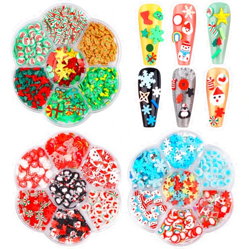 Kalolary Christmas Nail Art Sequins, Kalolary 3D Snowflake Santa Claus Christmas Tree Elk Penguin Socks Shape Polymer Clay Slices for Acrylic Nails Design Christmas Party Decor（3 Boxes）
