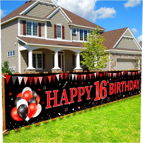 Parfundg Red Black 16th Birthday Banner Decorations for Boys Girls, Black and Red Happy 16 Birthday Yard Banner Sign Party Supplies, Large Sixteen Year Old Birthday for Outdoor Indoor (9.8x1.6ft)