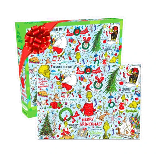 AQUARIUS Dr Seuss Grinch Wrapping Paper 1000 Piece Jigsaw Puzzle – Holiday Collage Pattern Christmas Collectible Officially Licensed 20