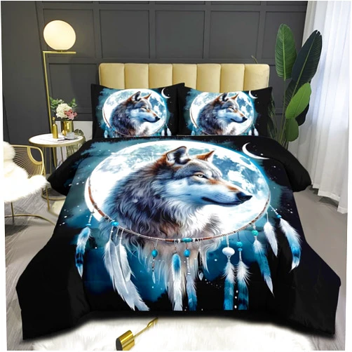 CCoutueChen Moon Wolf Comforter Set Full Size Black Safari Animal Wolves Bedding Set Blue Boho Dream Catcher Comforters Bohemian Feather Bedding Sets Soft Microfiber Comforter Sets for All Season