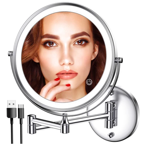 Rocollos Rechargeable Wall Mounted Lighted Makeup Mirror Chrome, 8 Inch Double-Sided LED Vanity Mirror 1X/10X Magnification,3 Color Lights Touch Screen Dimmable 360°Swivel 13 Inch Extendable