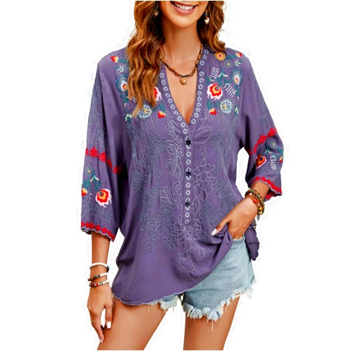 St.Lareina Mexican Shirts Peasant Blouses Cotton Embroidered 3/4 Sleeve Summer V Neck Tunic Bohemian Tops Boho Clothes for Women