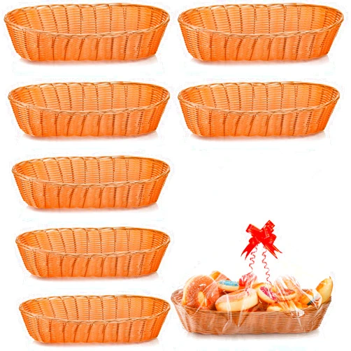 Yesland 8 Pack Long Poly-Wicker Bread Basket, 15 Inch Plastic Oval Basket Woven Food Storage Basket and Fruit Vegetables Serving Basket Bin for Kitchen, Restaurant, Centerpiece Display, Brown