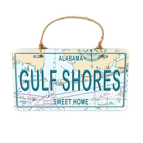 MapMom Gulf Shores AL License Plate Souvenir Ornament | 4” Wood Hanging Map Ornament with Artwork & Charm | Perfect for Wine Bottles, Gift Bags, or Christmas Tree