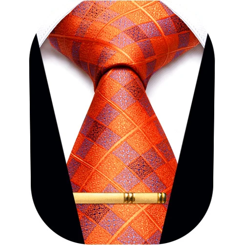 YourTies Men's Neckties Striped Tie and Plaid Neckties for Men Woven Silk Tie Gold Tie Clip Set