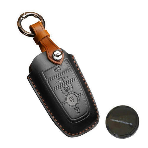 SIEVEN Leather Key Fob Cover Compatible with Ford Explorer Mustang Fusion Escape F150, with Leather Conditioner