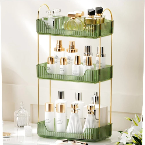 YCIA&DONE Bathroom Organizer Countertop, Makeup Storage, Skincare Cosmetic Tray Shelf, Perfume Holder Rack for Vanity Counter, Large Capacity, Easy to Install, Clean, 3 Tiers, Vintage Green