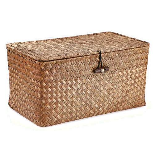 Hipiwe Wicker Shelf Baskets Bin with Lid, Handwoven Seagrass Basket Storage Bins Rectangular Household Basket Boxes for Shelf Wardrobe Home Organizer, Coffee Medium