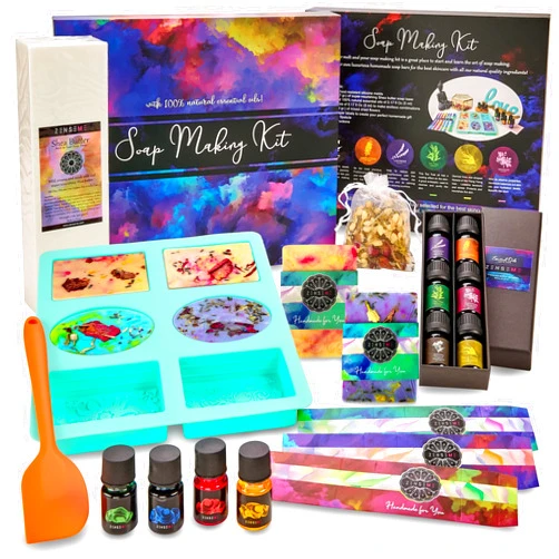 ZenseMe Soap Making Kit for Adults, Make Your Own Soap with Melt and Pour diy Natural Soap supplies; 6 Essential Oils, Silicone Soap Mold, Spoon, Dried Flowers, 2lbs. Shea Butter Soap Base, 4 Colors, 9 Labels
