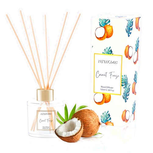 DIUFJAG 100ml Scent Diffuser with 6 Fiber Sticks, 3.5 oz Reed Diffuser Set Aromatherapy Fragrance Diffusers Air Fresheners for Home Bedroom Bathroom (Coconut)