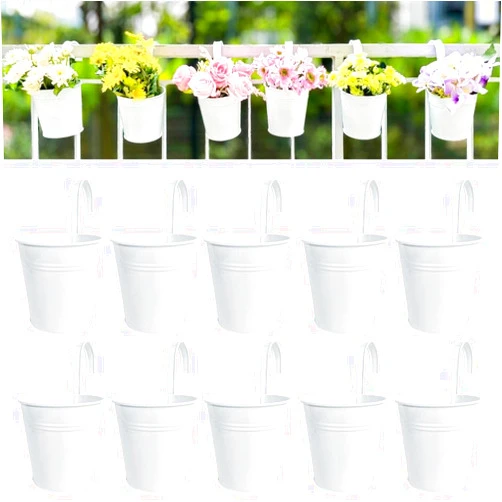 LáLáGreen LaLaGreen Hanging Planters - 10 Pack, 4 Inch Balcony Railing Hanging Herb Garden Wall White Metal Bucket Fence Planter for Outdoor Plants Flower Pot Deck Rail Porch Window Box Hooks Macetas Colgante