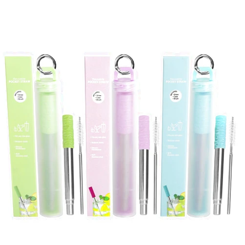 Bryzaxu Reusable Straws 3 Pack Metal Straws Reusable Portable Collapsible Stainless Steel Drinking Straws Travel Straw with Case, Cleaning Brushes, Silicone Tips, Keychain (Green-Blue-Purple)