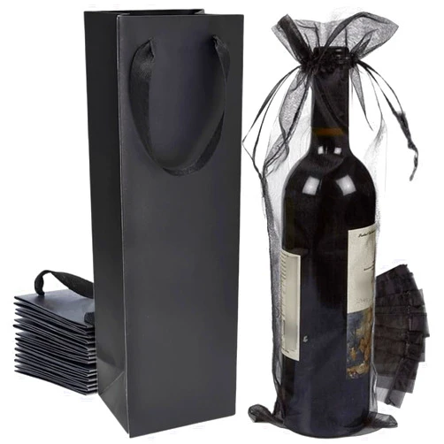 YUBONCE 60Pack Black Wine Gift Bag with Black Organza Wine Bottle Bags,Wine Tote Bags Bulk Kraft Paper Bag for Wine Bottle Whiskey/Spirits, Reusable Bag.